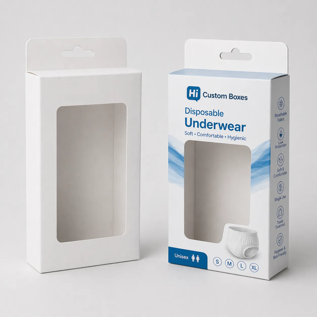 Two rectangular boxes, one blank white and one with elegant purple floral patterns and logos.